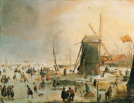 Winterlandschaft mit Schlittschuhfahrern bei einer Windmühle um 1615