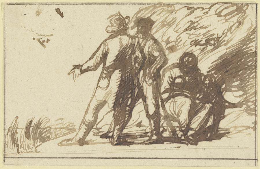 Zwei Bauern und eine sitzende Frau mit Kind von Hendrik Goudt