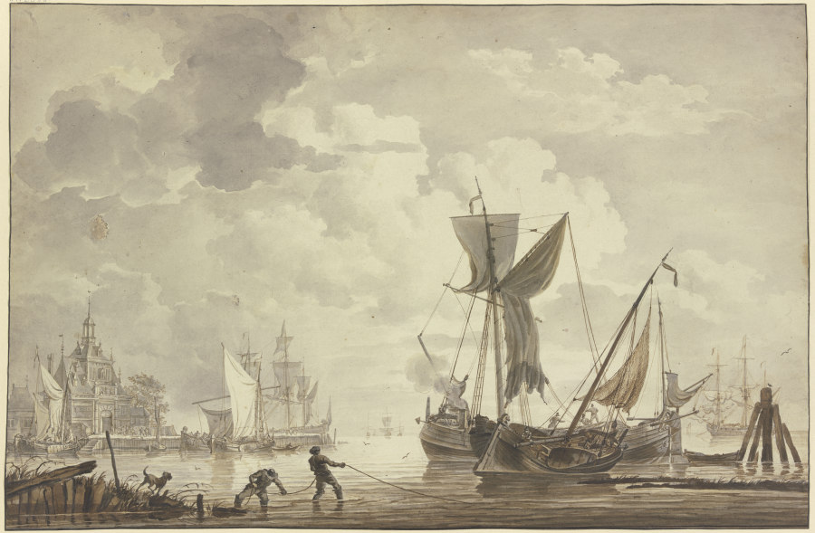 Hafen, links ein Gebäude mit großem Portal, zwei Matrosen ziehen ein Seil aus dem Wasser von Hendrik Kobell