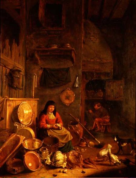 A Kitchen Interior with a Woman Peeling Potatoes beside a Dog, a Man Smoking in front of a Fire beyo von Hendrik Martensz. Sorgh
