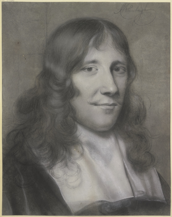 Brustbild eines jungen Mannes mit Schnurrbärtchen, langem Haar und weißem über die Brust hängendem K von Hendrik van Limborch