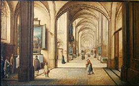 Church interior with a sacristan showing a painting to visitors 1608