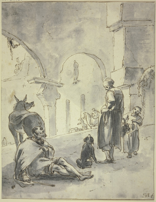 In einer Halle sitzt ein Bettler bei einem Esel, vor ihm eine Frau, ein Kind und ein Hund von Hendrik Verschuring