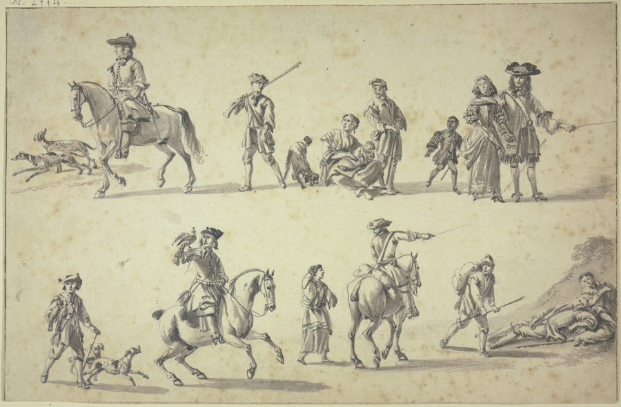 Studienblatt: Figuren zu Pferde und zu Fuße, unten links ein berittener Falkner von Hendrik Verschuring