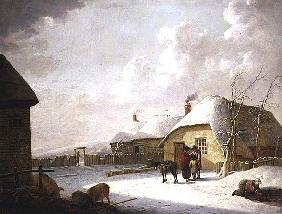 Figures Outside a Cottage in the Snow