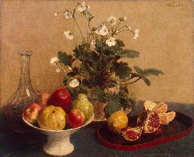Blumen, Obstplatte und Karaffe 1865