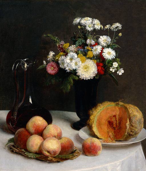 Stillleben mit Karaffe, Blumen und Früchte von Henri Fantin-Latour