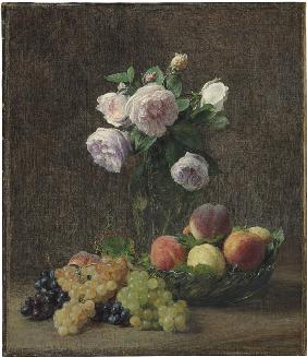 Vase de roses, pêches et raisins 1894