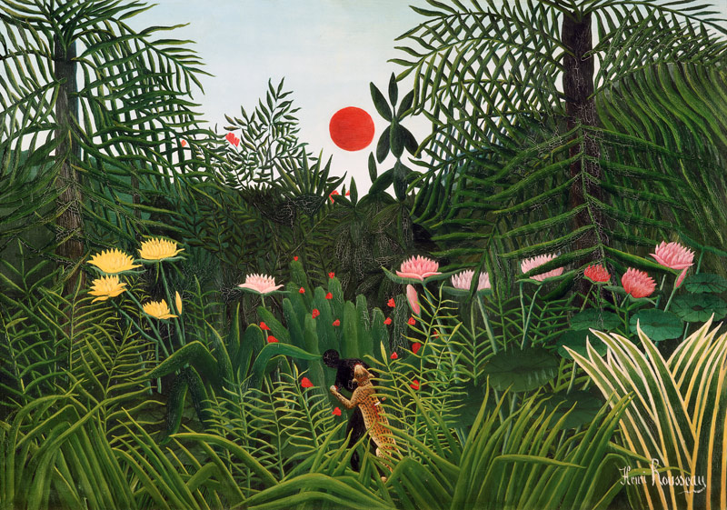 Urwaldlandschaft mit untergehender Sonne von Henri Julien Félix Rousseau