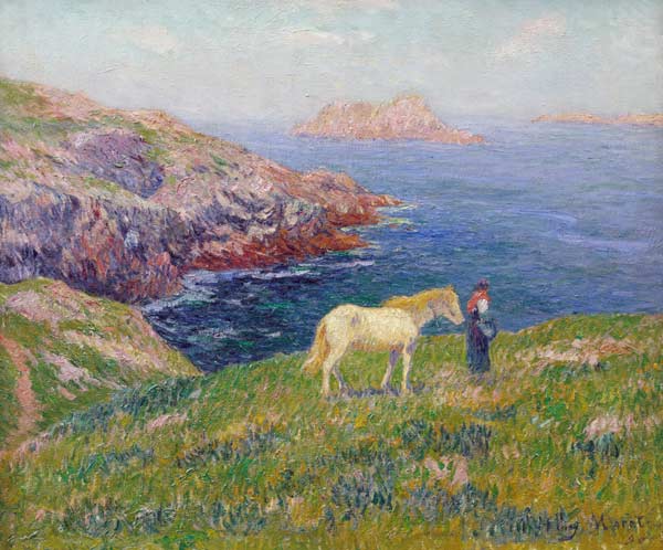 Bäuerin mit Pferd an der Küste von Ouessant. von Henri Moret