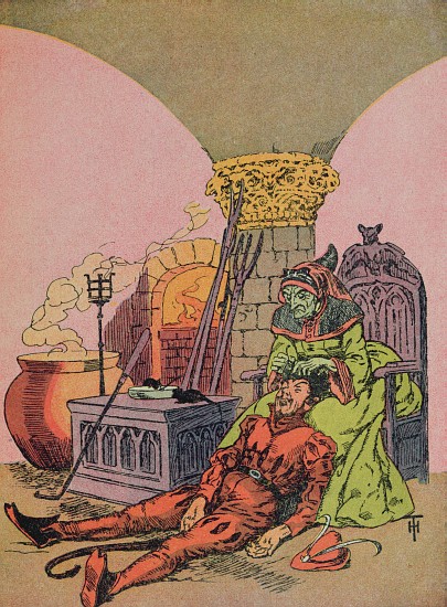 The devils mother pulling the golden hairs from her sons head,illustration for the Grimm fairy tale  von Henri Thiriet