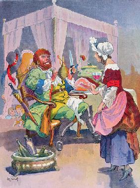 The Ogre smells fresh human flesh, illustration for a Perrault fairy tale Tom Thumb (Le Petit Poucet 1900