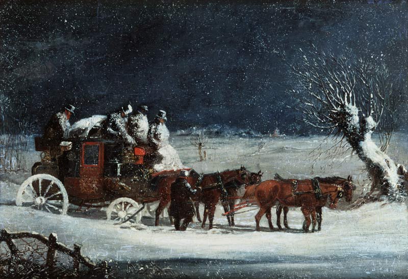 Die Postkutsche London-Dover im Schneesturm. von Henry Alken d.Ä.