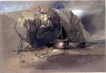 A Fishing Smack and a Small Boat drawn up on the Shore Beneath a Rocky Cliff von Henry Bright