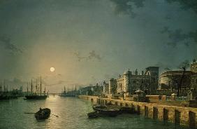 Tower of London and the Thames in moonlight 19. Jh