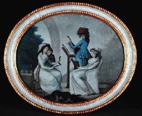 A reverse glass painting showing lady musicians c.1790