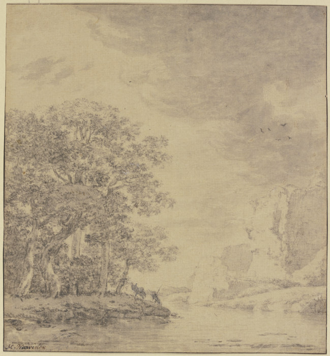 Baumpartie am Wasser, rechts eine Felsböschung von Herman Naiwinx