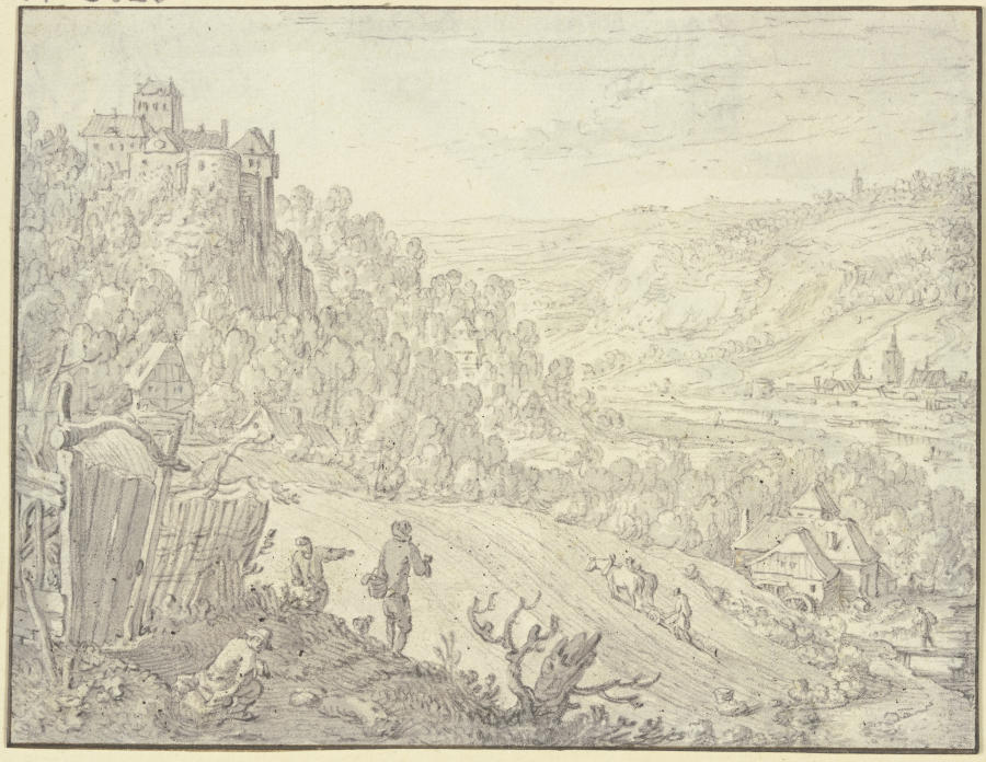 Landschaft mit Felsenschloß, im Tal eine Mühle von Herman Saftleven III