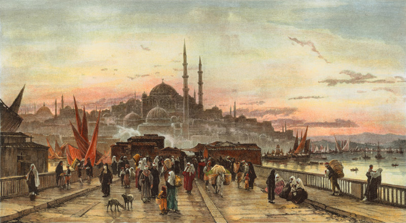 Konstantinopel, Galatabrücke (Abend auf der Validebrücke zu Konstantinopel: Blick auf Stambul.) von Hermann David Salomon Corrodi