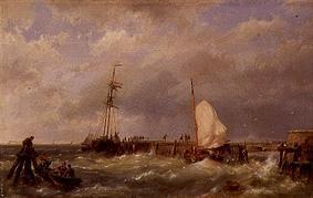 Fischerboote im Sturm an einer Mole von Hermanus Koekkoek