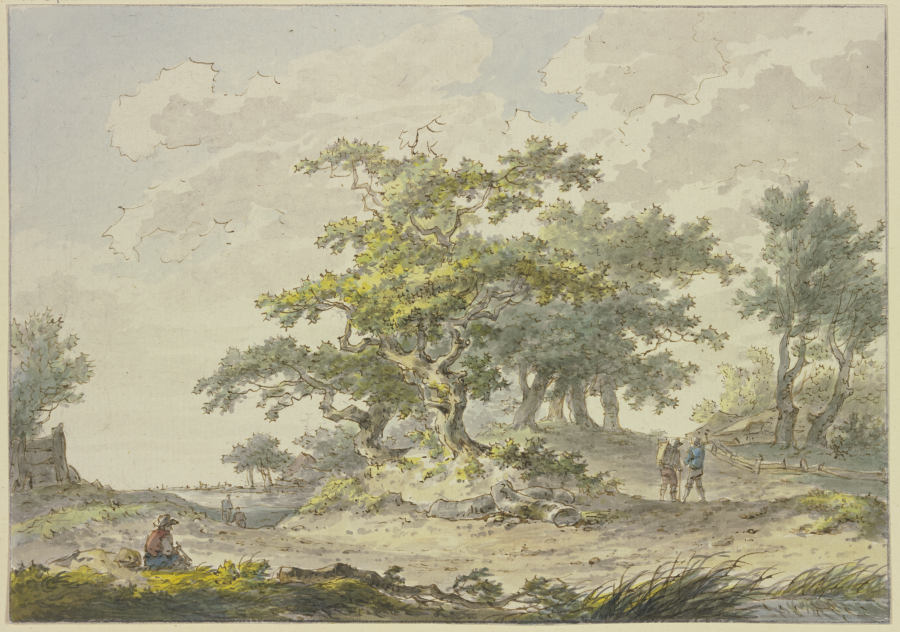 Gruppen von Eichbäumen, rechts zwei Wanderer, links eine sitzende Figur von Hermanus van Brussel