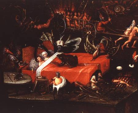 The Inferno, detail of a couple in bed surrounded by monstrous animals von Herri met de Bles