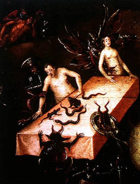 The Inferno, detail of two people around a table with demons von Herri met de Bles