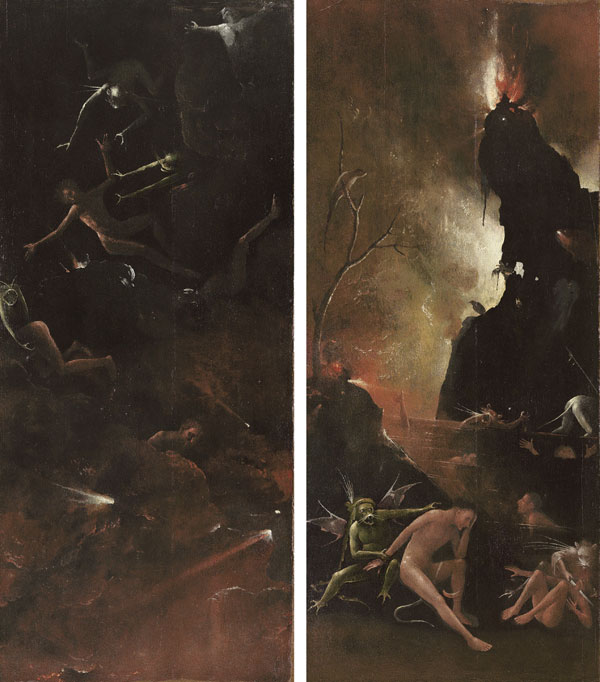 “Der Sturz der Verdammten”, Ausschnitt aus Visionen aus dem Jenseits, Zwei (von vier) Tafeln von Hieronymus Bosch