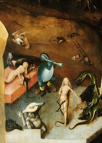Weltgerichts-Triptychon Detail aus der Mitteltafel (WeiblAkt mit Drachen) von Hieronymus Bosch