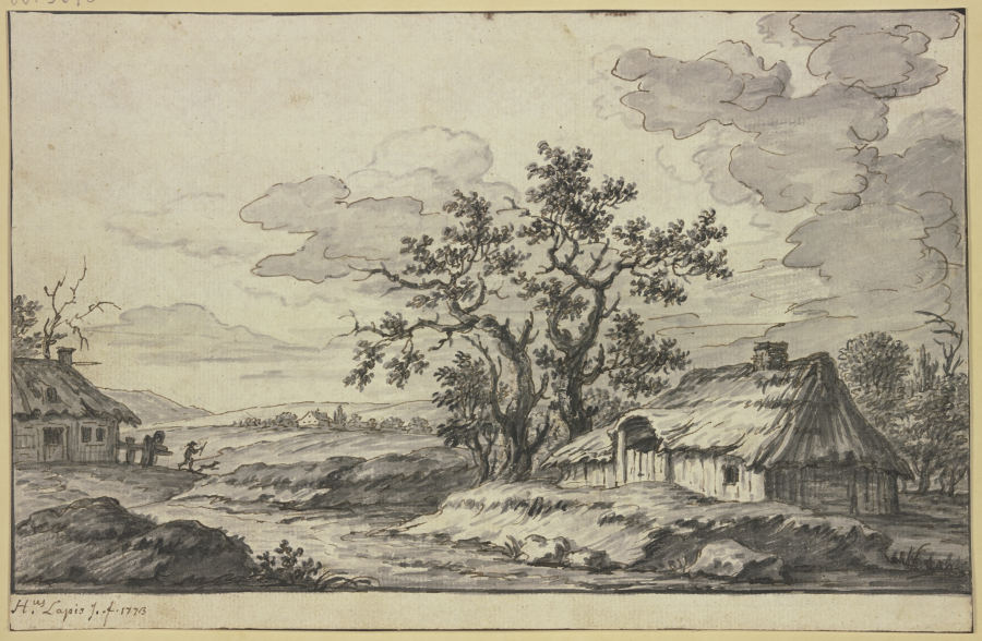 Landschaft mit Bach und zwei Hütten im Vordergrund von Hieronymus Lapis