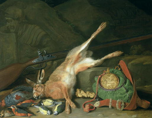 Still Life of a Hare with Hunting Equipment (oil on canvas) (for pair see 93439) von Hieronymus the Elder Galle