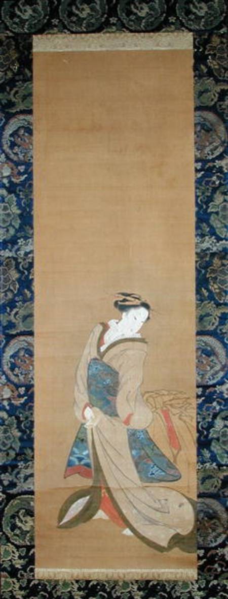 An Elegant Woman in a Blue Obi (pen & ink on silk) von Hotei Gosei
