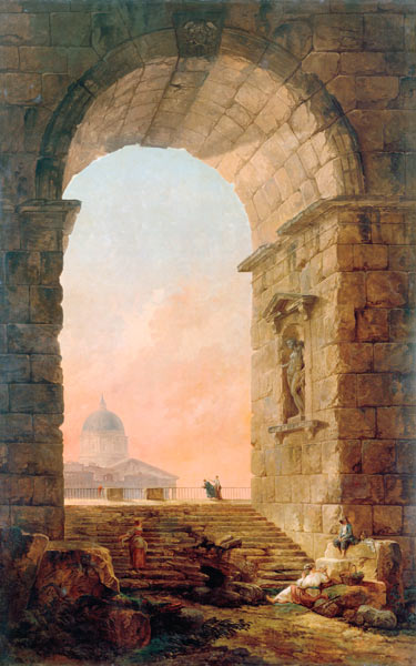Landschaft mit einem Bogen und dem Petersdom in Rom von Hubert Robert