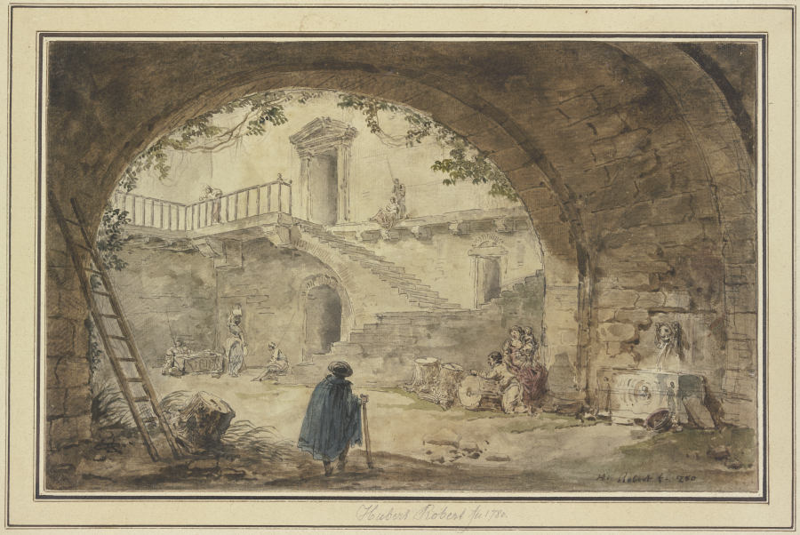 Gewölbe mit antikem Brunnen und Aussicht auf eine Treppe von Hubert Robert