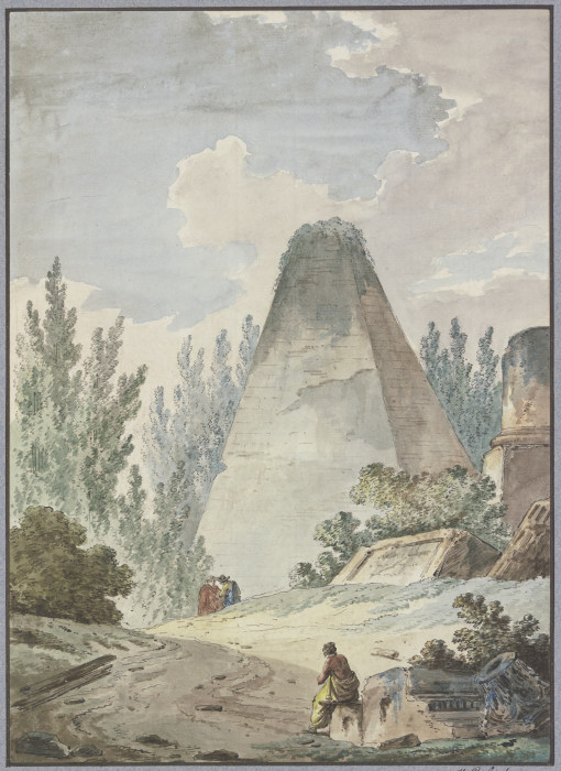 Pyramide mit abgebrochener Spitze in antiker Trümmerlandschaft von Hubert Robert