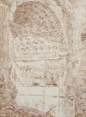 The Triumph of Rome, arc of Titus (red chalk on paper) 88;Le triomphe de Rome; char; arc; von Hubert Robert