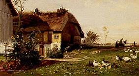 Bauernhof mit Storchennest. von Hugo Mühlig