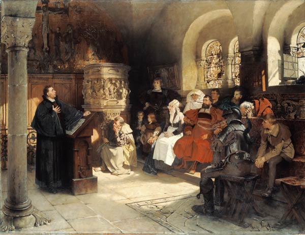 Luther Preaches using his Bible Translation while Imprisoned at Wartburg von Hugo Vogel