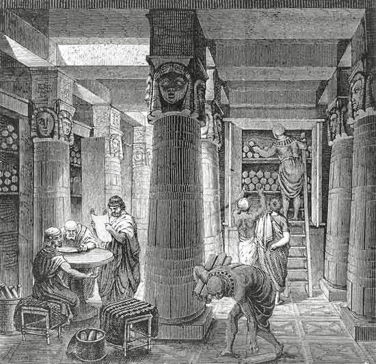 Imaginary recreation of the Ptolemy Library in Alexandria, Egypt, from 'Histoire Generale des Peuple von Hungarian School