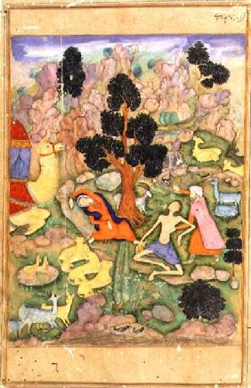 f.28a Layla and Majnun faint at their meeting, illustration to a poem of the Khamsa called 'Majnun L