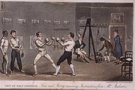 Art of Self Defence: Tom and Jerry receiving instructions from Mr Jackson, from 'Life in London' by von I. Robert & George Cruikshank