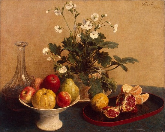 Flowers, dish with fruit and carafe von Ignace Henri Jean Fantin-Latour