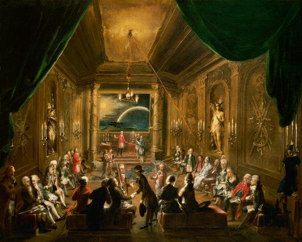 Aufnahmezeremonie in einer Wiener Loge (In der Figur außen rechts wird Mozart vermutet) 1784.