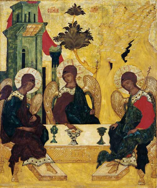 Die hl. Dreieinigkeit in Gestalt der drei Jünglingsengel im Hause Abrahams. von Ikone (russisch)