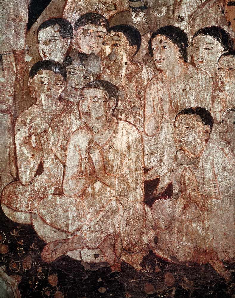 Group of disciples mourning the death of Buddha from the interior of Cave 17 von Indian School