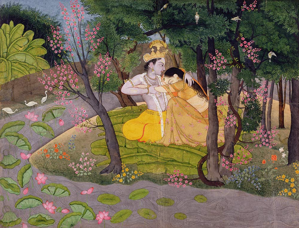 Radha and Krishna embrace in a grove of flowering trees von Indian School