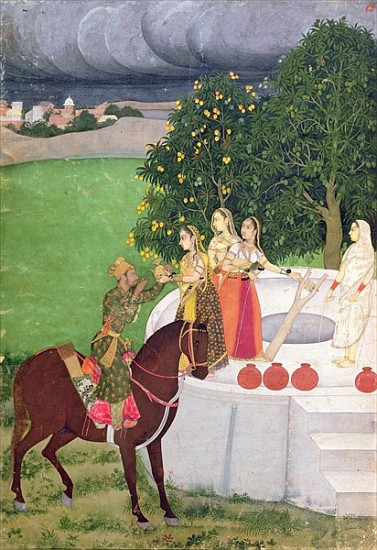 A Prince begging water from women at a well, Mughal, c.1720 von Indian School