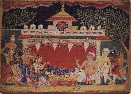 Adoration of the infant Krishna from a dispersed 'Bhagavita Purana', Mewar, Rajasthan, 1550 von Indian School
