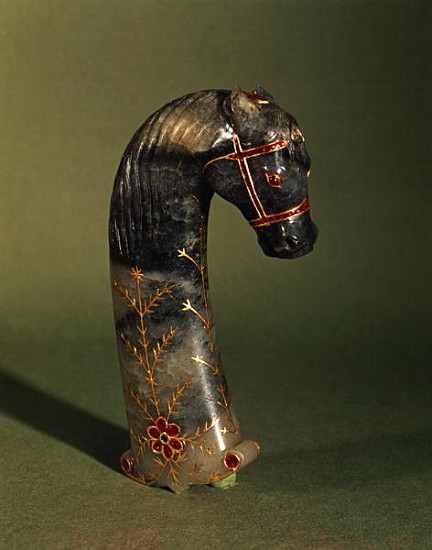Dagger handle in the form of a horse''s head, Mughal, c.1658-1710 (jade inset with gold & rubies) von Indian School