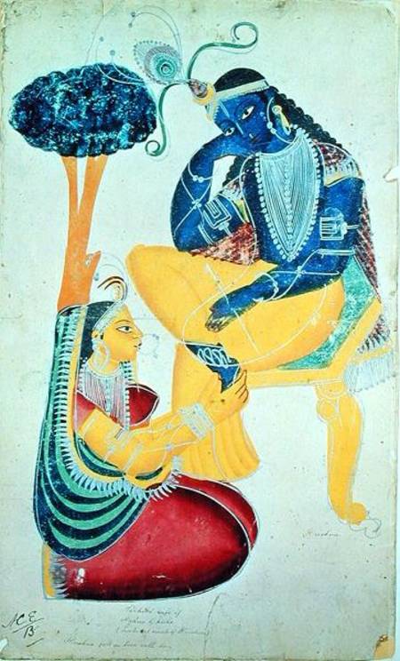 The God Krishna with his mortal love, Radha  on von Indian School